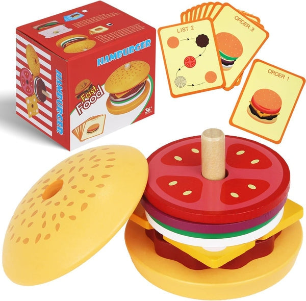 Brinquedo Educativo de Madeira Montessori – Sanduíche de Empilhar com Cartas de Comida para Crianças