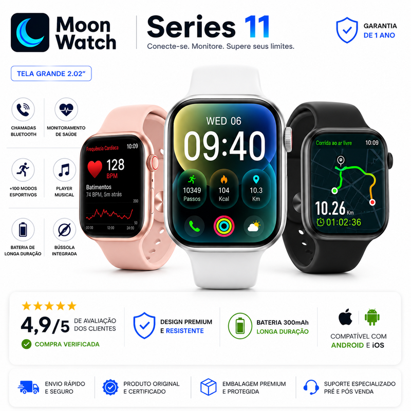 MoonWatch Series 11 — Tela Grande 2.02”, Chamadas Bluetooth e Monitoramento de Saúde