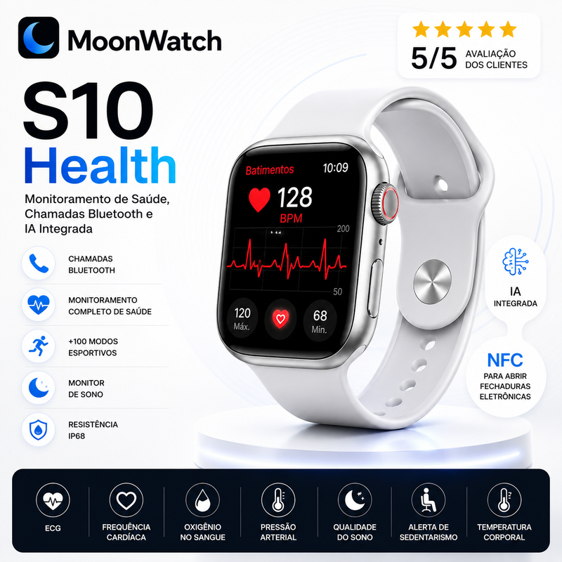 MoonWatch S10 Health — Monitoramento de Saúde, Chamadas Bluetooth e IA Integrada