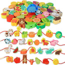 Kit de Contas de Madeira Montessori com Cordão – Brinquedo Educativo de Encaixe com Animais, Frutas, Letras e Números