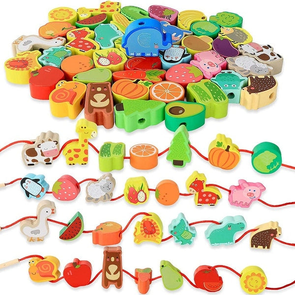 Kit de Contas de Madeira Montessori com Cordão – Brinquedo Educativo de Encaixe com Animais, Frutas, Letras e Números